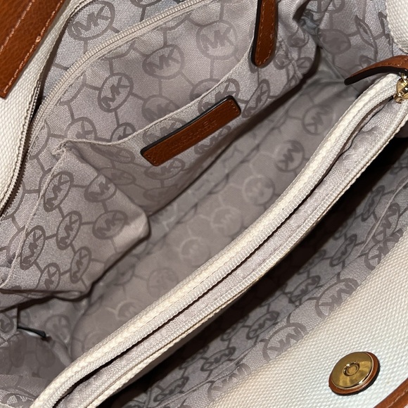 Michael Kors Hamilton Bag Large Blue Stripe Satchel Creme Leather Trim - Picture 9 of 13